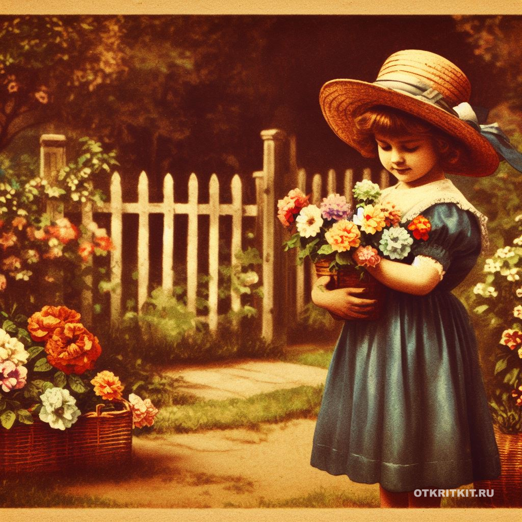 Милая девочка с корзинкой чудесных цветов