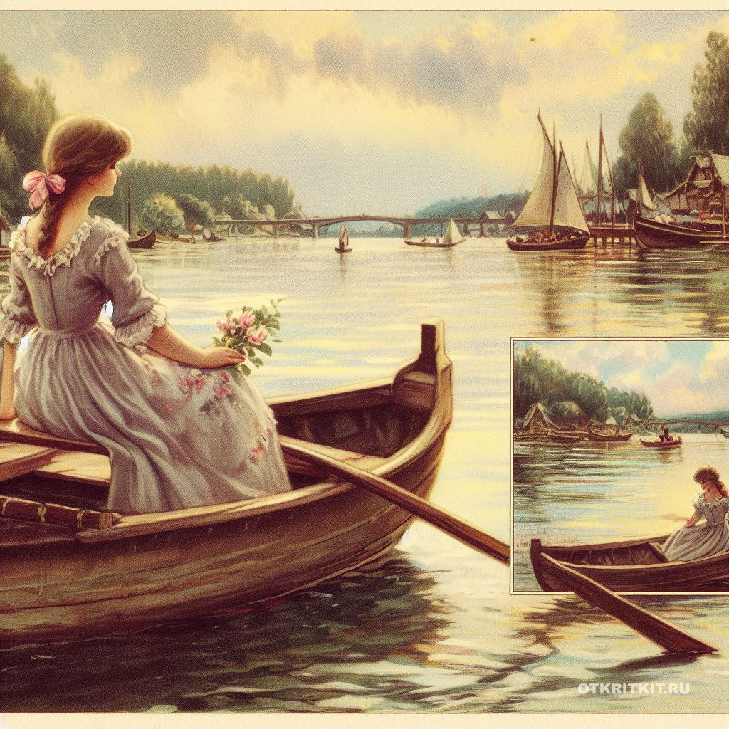 Красивая девочка с букетом розовых цветов плывет по реке на лодке