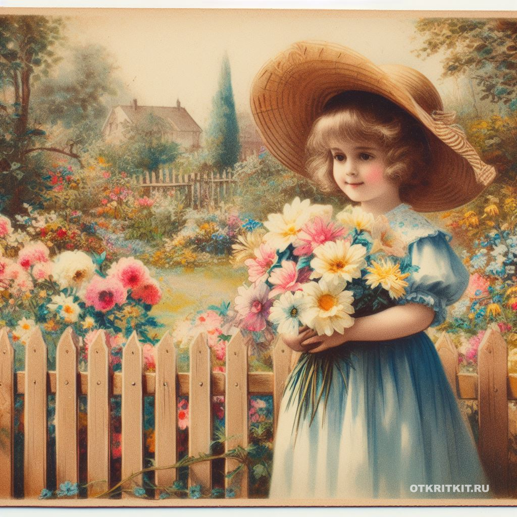 Красивая девочка в шляпе с букетом цветов на фоне великолепного красочного сада