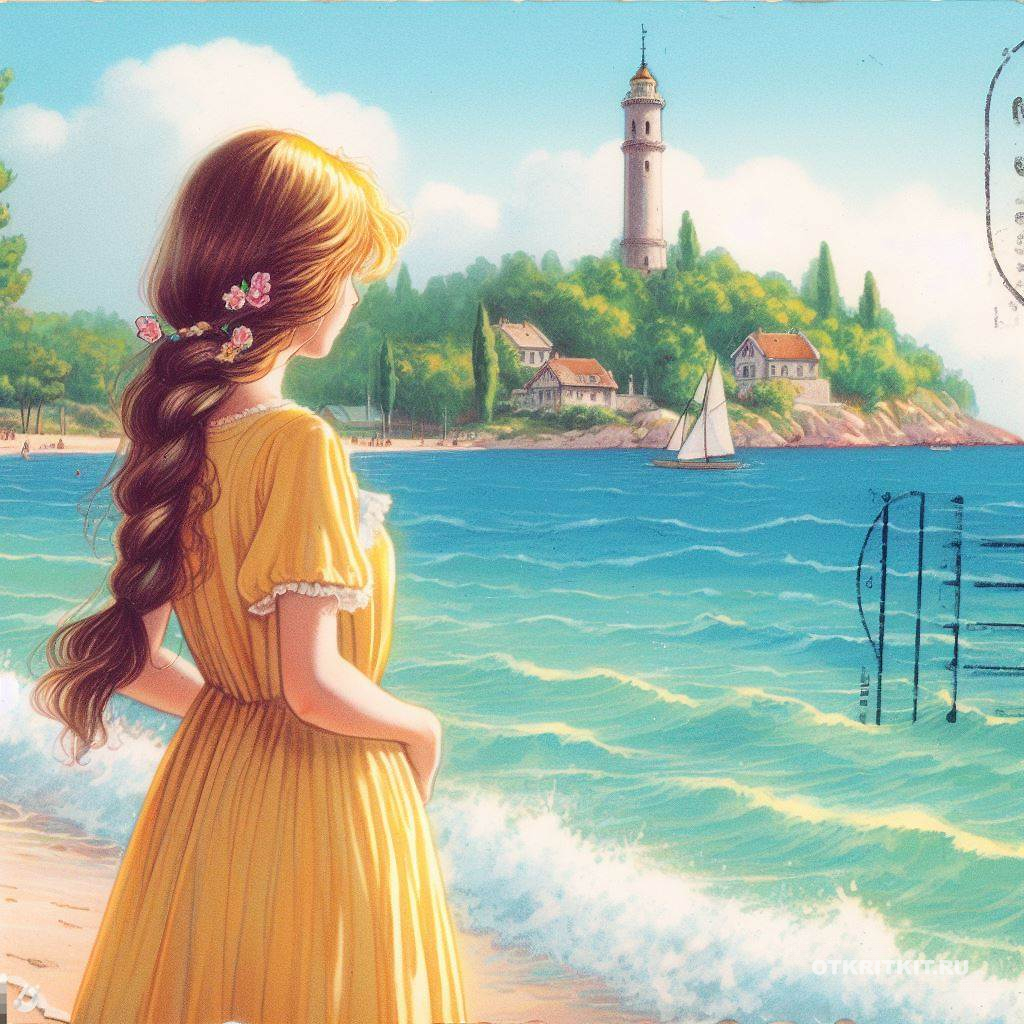 Открытка с рыжеволосой девочкой в красивом платье, маяк, яхта, море