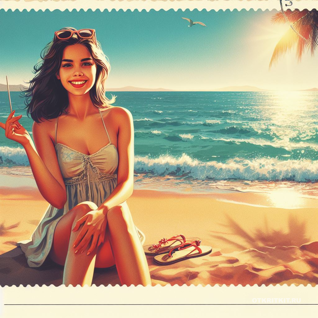 Девушку с великолепной улыбкой и красивом платье на идеальном песочном пляже