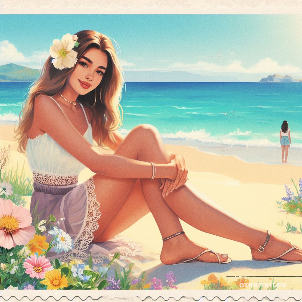 Открытка с чудесной девушкой с цветами на морском побережье