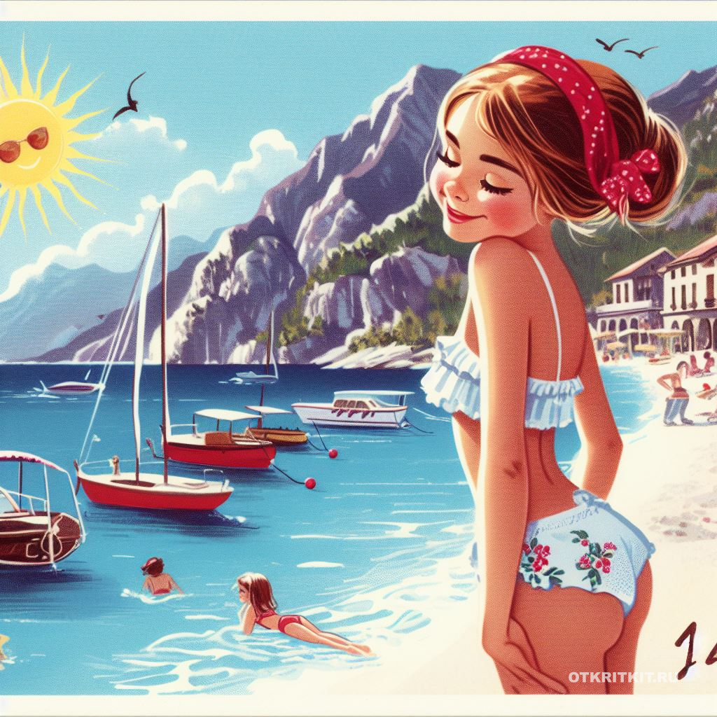 Рисованная открытка с милой девочкой, греющейся на солнышке на фоне великолепных гор