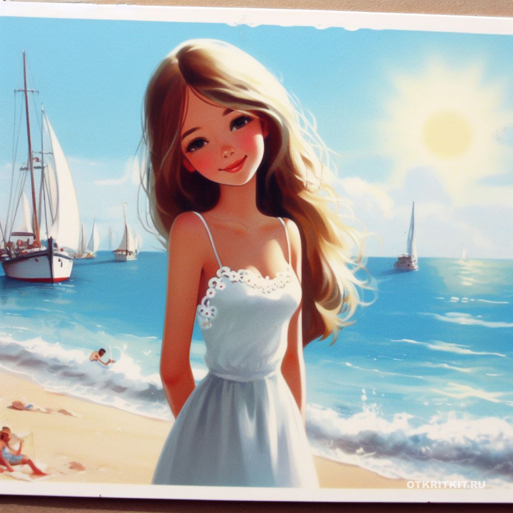 Открытка с красивой девочкой в белом платье на пляже