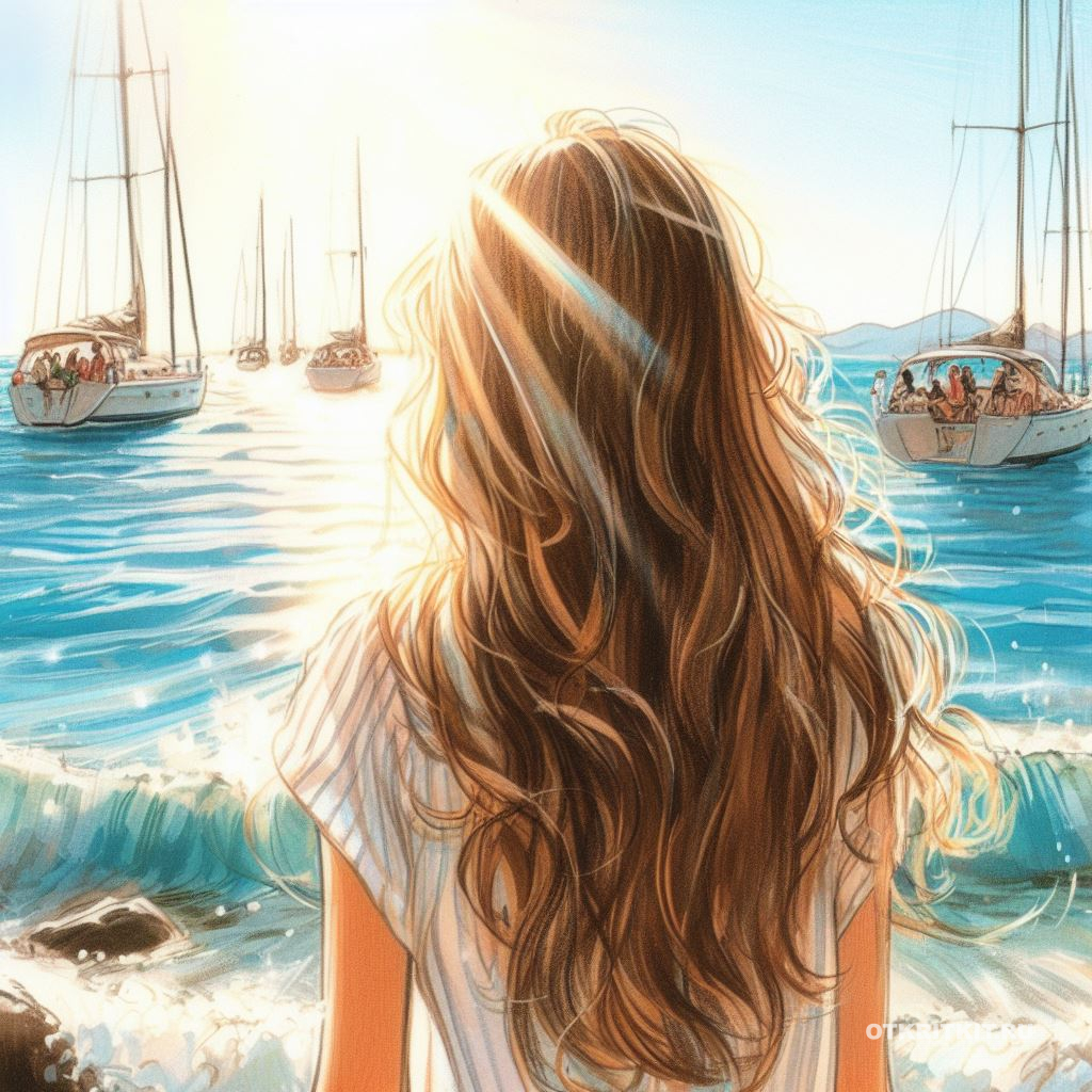 Девушку с длинными волосами любуется чудесным морем