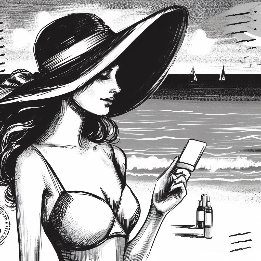 Черно-белая открытка девушки в шляпке, стоящей в купальнике на пляже