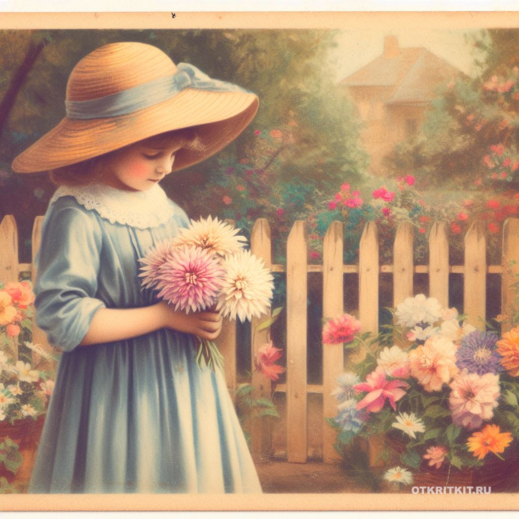 Румяная девочка в шляпке рассматривает букет цветов