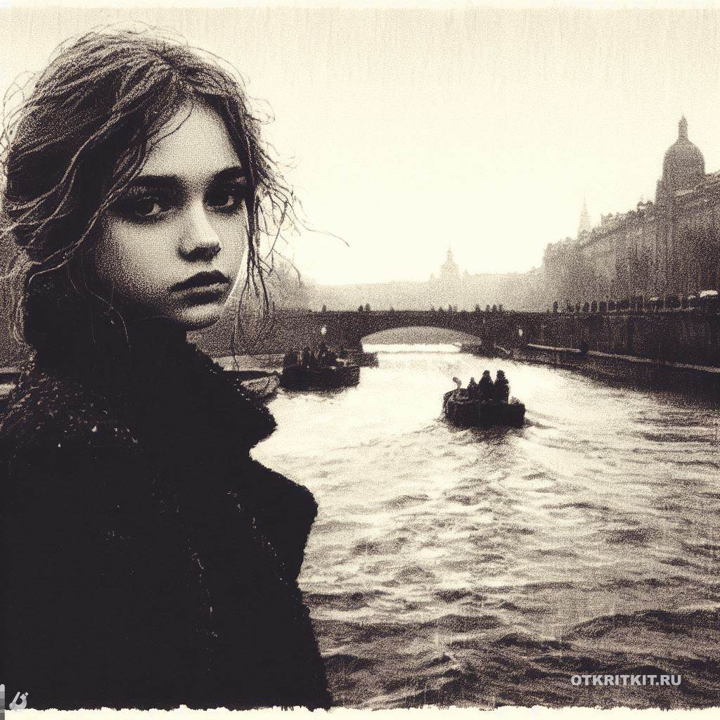 Открытка с грустной девочкой в городе, стоящей на мосту реки