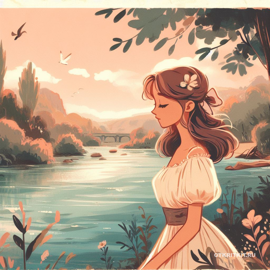 Сказочная открытка с девочкой в белом платье на фоне великолепного природного пейзажа