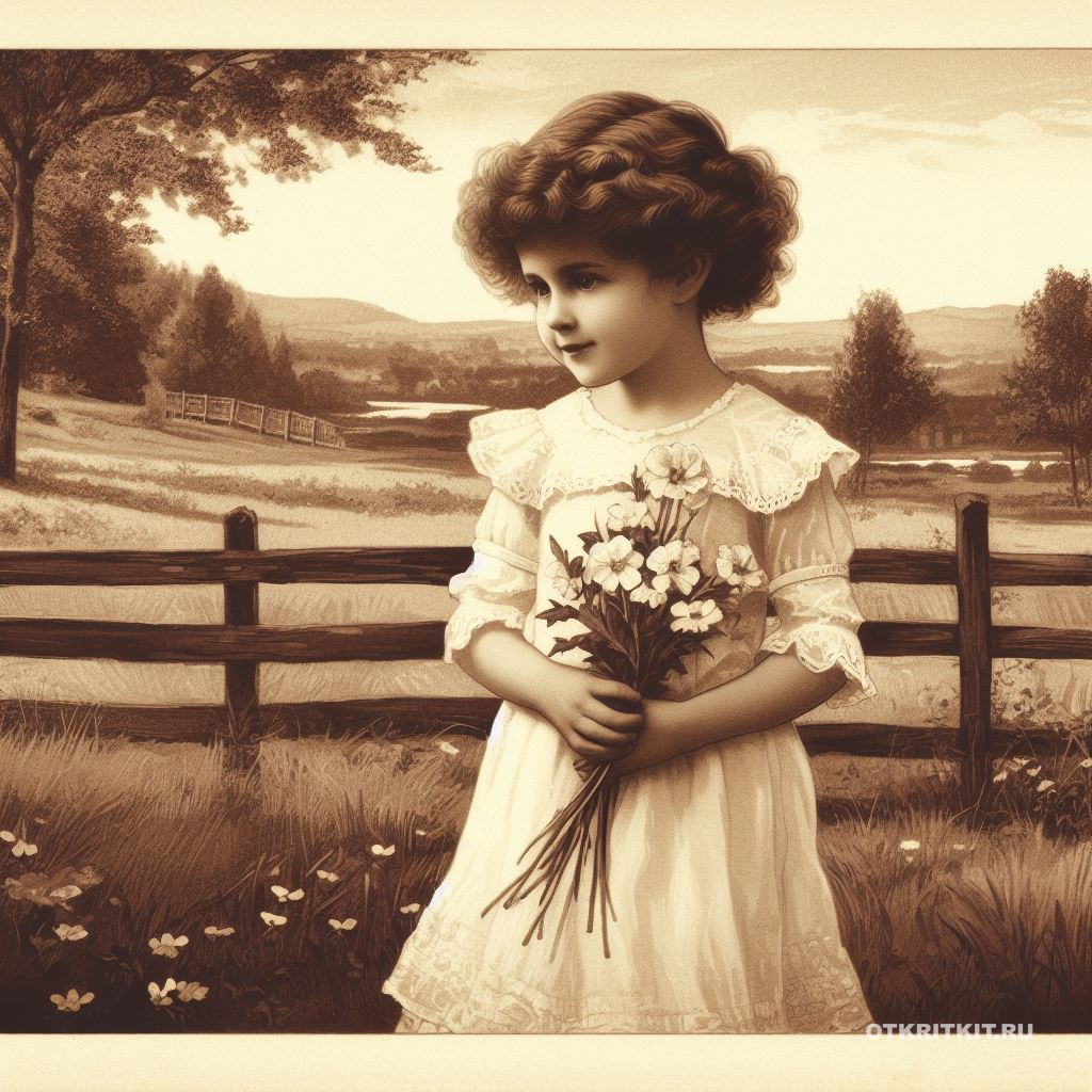 Кудрявая маленькая девочка в милом белом платье с букетом полевых белых цветов