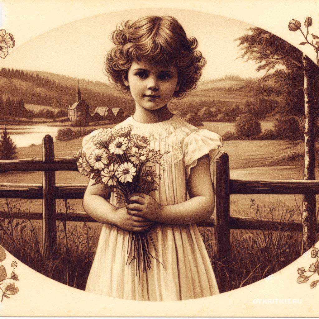 Девочка на фоне чудесного леса и реки стоит с букетиком цветов